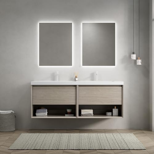 vutizal Lavabo con base da 140 cm, montaggio a parete, doppio lavabo in resina, 2 cassetti e scaffali, premontato in rovere chiaro