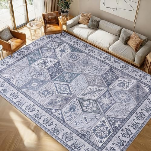 Calinline Blau Großer Boho Kurzflor Wohnzimmer Teppich, 120x160 cm | Vintage Schlafzimmer Teppich Orientalisch Waschbar, Geometrisch Rutschfester Teppiche, Rauten Muster Wohnzimmerteppich