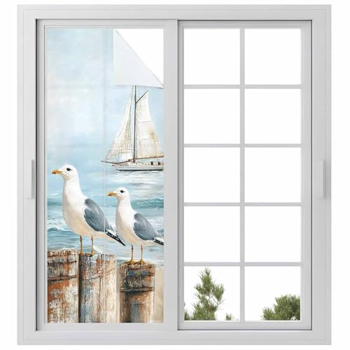 Coastal Seagull Window Privacy Film, Summer Beach Vintage Nautical Sailboat Static Cling UV Sun Blocking Tint Film Heat Control Windows Films for Bedroom Bathroom, Window Stickers 23.6x59