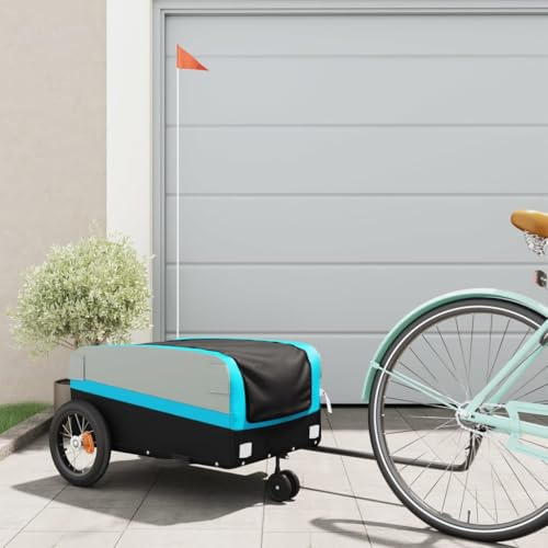 Runheo Fahrradanhänger Schwarz und Blau aus Eisen 30 kg Tragkraft mit Sicherheitsflagge, 29 cm Räder, Klappbar und Robust für Lasten Transport, Einkauf, Outdoor Tour und Alltag