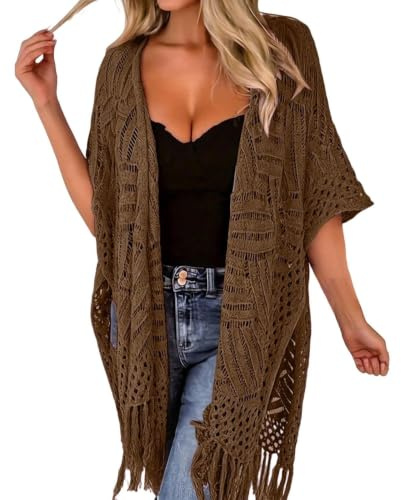 Virkad Kofta For Kvinnor Med Öppen Front Ytterkläder, Hollow Out Cover-up | Lätt ihålig virkad tofströja | Oversized Crochet Cardigans Beach Cover Up