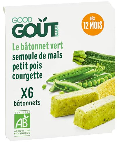 GOOD GOÛT - 6 Bâtonnets Verts Petit Pois, Courgettes, Semoule De Maïs - Dès 12 mois - Texture Moulinée - Fabriqués En France - 120g