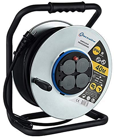 Electraline 208685 Elektrische Kabeltrommel, professionell, wasserdicht, IP44, 40 m, aus Gummi, 3 G2,5 m², für Baustelle, Metall, 4 Steckdosen, mit Kabelführung, Schwarz