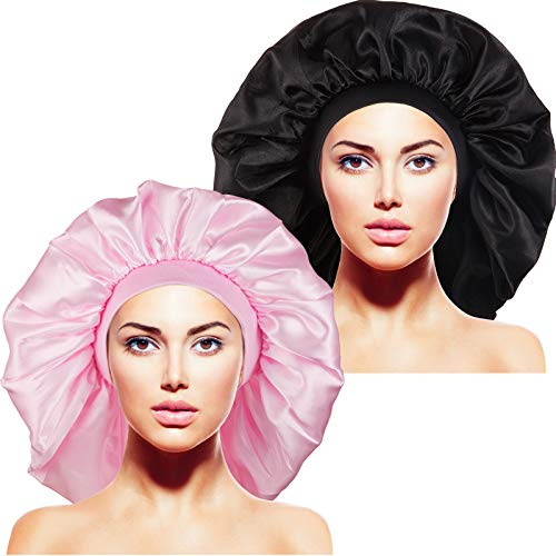 2 Stück extra große Schlafmütze Jumbo Cap großes Satin Bonnet mit bequemem Gummiband