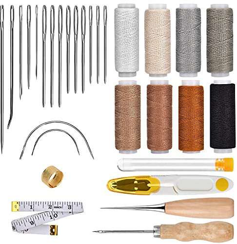 Queta Lot de 29 outils de couture pour cuir - 8 couleurs - Fil ciré pour la couture du cuir, l'artisanat et le bricolage