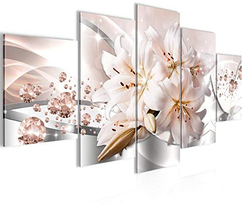 Runa Art Bild Wohnzimmer Schlafzimmer Blumen Lilien 5 Teilig Diamant Beige Grau Wandbilder auf Vlies Leinwand 021853a