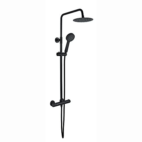 ENKI, Dune, SH0215, Matt Black, Thermostatic Shower Mixer Bar Valve with Dual Riser Rail Kit, Solid Brass, Overhead Shower, Hand Shower, Anti-Scald Device, Contemporary Design, 1-Year Guarantee