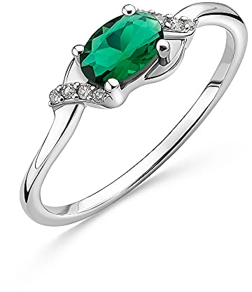 OROVI Schmuck 9 Karat (375) Gold Damen 0.03 Ct Diamant Ring Weißgold mit Edelstein/Geburtsstein Saphir/Smaragd und 8 Diamanten Brillanten Verlobungsring