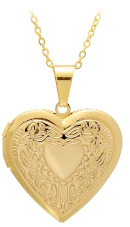 Paialco Stainless Steel Heart Shaped Locket Pendant Necklace, Royal Flowers, Yellow Gold Tone
