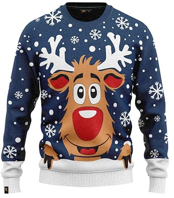 JAP Rudolf das Rentier Blau - Lustiger Hässlicher Weihnachtspullover Für Damen und Herren Ugly Christmas Sweater - 3XL