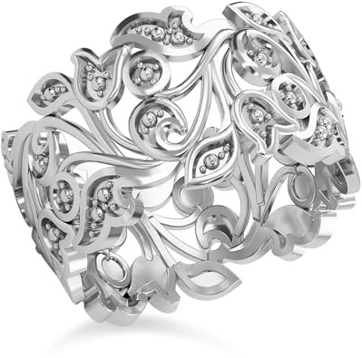 TJC Silver Rings for Women 925 Sterling Silver Leaf Vine Ring, Nature Inspired Wide Band Thumb Ring with Diamond Accent, Statement Ladies Ring, Platinum Plated Womens Jewellery Gift Size W