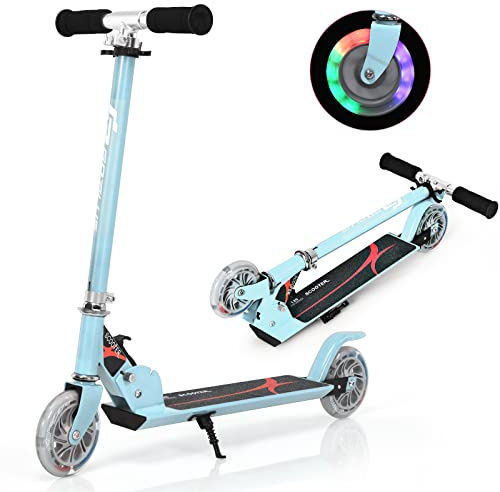 GYMAX Faltbare Kindersooter, Kinder Roller mit LED leuchtenden Räder, Tretroller 3 höhenverstellbar bis 70kg belastbar, Kickscooter für Jungen & Mädchen ab 4 Jahre