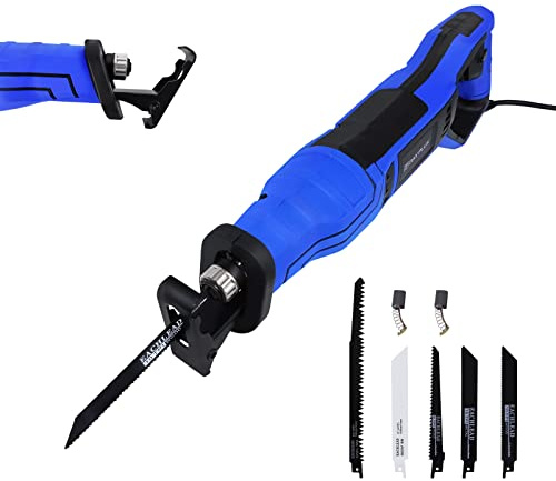 Sierra Recíproca de 900W, Sierra Eléctrico Velocidad Variable de 0-2800SPM, Cambio de Hojas Sin Herramienta, 5 Hojas de Sierra para Corte de Madera y Corte de Árboles, Azul