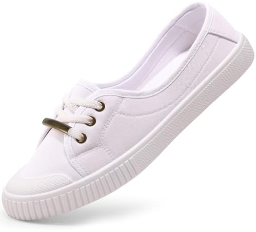 Harvest Land Womens Canvas Shoes Low Top Flat Gym Sports Pumps Trainers Lace Up Flat Ladies Girls Fashion Pumps White UK 4