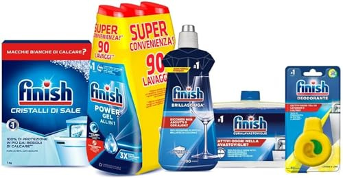 Finish Kit Lavastoviglie; Finish Powergel Detersivo Lavastoviglie Fresh 90 Lavaggi, Brillantante Regular 500ml, Curalavastoviglie regular 250ml, Cristalli di Sale 1kg, Deodorante
