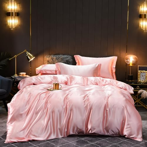 Freyamy Housse de Couette Satin 140x200 Couleur Unie Rose Parure de lit Adulte avec Fermeture Éclair Sets de Housse Couette en Satin de Soie Brillante avec Une Taie d'oreiller 65 x 65