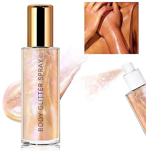 HOSAILY Body Glitter Spray, Holographic Body Shimmer Quick-Drying and Non-Sticky Duochrome Glitter Hairspray for Face Clothes, Sparkle Highlighter Makeup Festival Rave Accessories, Rose Gold