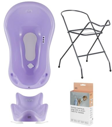 Hylat Baby Juego de baño para bebé con marco, tapón y asiento de baño, tubo de desagüe - estable y cómodo - para recién nacidos y bebés - Color: Morado, Motivo: Yeti