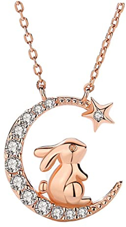 WRITWAA Kaninchen-Halskette aus Sterlingsilber Häschen-Anhänger-Halskette mit Mondanhänger cute necklace damenschmuck Mode- mit Strasssteinen Strass