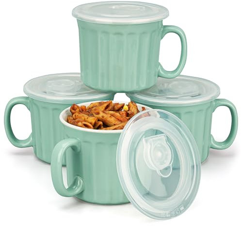 BELLE VOUS 4 Ciotole da Zuppa - Ciotoline con Coperchio per Cottura Microonde - Scodelle in Ceramica da Brodo Porridge Cereali - Tazze con Manici - Bowl Colazione - Turchese