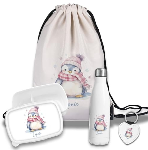 timalo Kinder Schulset Brotdose, Trinkflasche, Turnbeutel personalisiert mit Namen | Set Wasserflasche Edelstahl | Lunchbox mit Trennwand | Geschenk zur Einschulung & Kindergarten | 19 - Pinguin