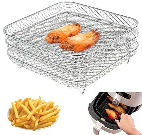 Air Fryer Racks Square Three Layer Stackable Dehydrator Racks Stainless Steel Air Fryer Basket Tray Air Fryer Accessories Fit for 5.8QT Air Fryer and 7.5L-8L Square Air Fryer Oven