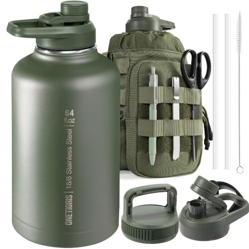ONETIGRIS 64oz Tactical Insulated Water Bottle with 3 Lids & MOLLE Pouch | Double-Walled Vacuum Cold for 48 Hrs, 304 Stainless Steel, BPA-Free Leakproof Silicone Seal, Wide-Mouth, Paracord Handle