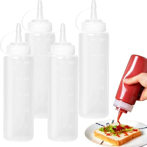 YWKJDDM Multipurpose Squirt Bottles, Squeeze 4PCS Sauce Dispenser - Plastic Condiment Bottle for BBQ, Olive Oil, Sauce (250ML)