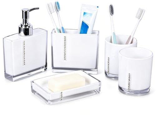 Cyrank Bathroom Accessories Set, White Bathroom Accessories Set 5pcs Acrylic, Bath Cup Toothbrush Holder Soap Dish, Cute Bathroom Decor, Modern Bathroom Vanity Countertop Bathroom Décor