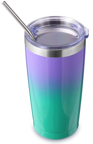 Volhoply 20oz 550ml Travel Insulated Tumbler with Lid and Straw, Double Wall Insulated Travel Ice Coffee Mug Fits Cup Holder,Powder Coated Cups for Hot & Cold Drinks, BPA Free（Purple Green,1 Set）