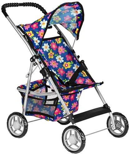 fash n kolor® - DELUXE Baby Doll Stroller Toy with BIG WHEELS - Flower Design with Basket in The Bottom - Dolls To Play Baby Doll Stroller for Girls, Toddler Play Toy Doll Buggy Carriage Foldable