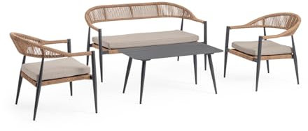 Bizzotto Jandia Loungeset für den Außenbereich, Anthrazit/Natur, Gestell aus Aluminium, Geflecht aus Kunstfaser