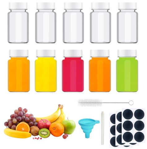 10 Pcs Reusable Glass Shot Bottles (2oz/60ml) - Leakproof & Dishwasher Safe Empty Mini Ginger Bottles, Juice Drinking Glasses with Secure Lids - Portable Travel Shots for Camping, Parties, Bar, Gifts