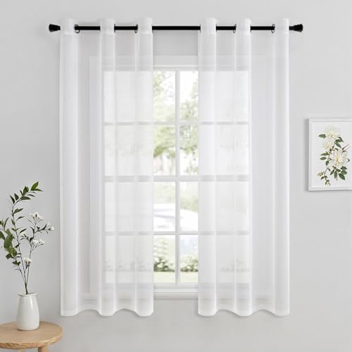 MIULEE Voile Vorhang mit Ösen transparent 102x160 cm 2er Set Weiß | Transparente leichte Voile Gardine als Ösenschal für Wohnzimmer und Schlafzimmer, lichtdurchlässig, luftig, dekorativ