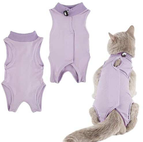 Cat Recovery Suit,Post Surgery Onesie for Kitten,Breathable Soft Anti Licking Cat Bodysuit,Spay Surgical Recovery Clothes for Abdominal Wounds Skin Diseases,Elizabethan Collar Alternative (Purple, S)