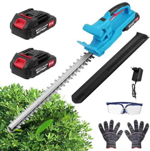 Hedge sax batteri professionell häckning, trädgård batteri häcksax 50 cm skärlängd, med 2 batterier och laddare, 17 mm tandavstånd, dubbla skärblad, inklusive handskar, skyddsfodral, för häckar och