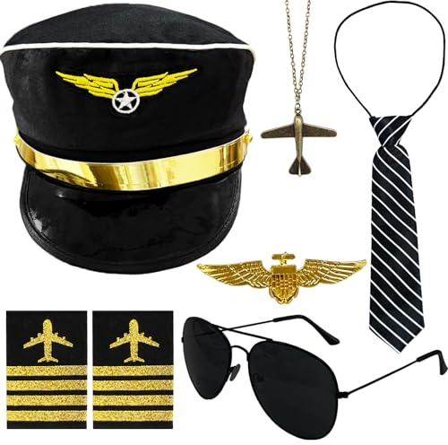 6 Pcs Airline Pilot Captain Costume Accessories for Halloween Cosplay Party | Aviator Dress Up Accessories,Airline Pilot Captain Hat Sunglasses Wings Necklace Tie