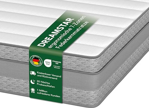 DREAMSTAR Comfort Matelas à ressorts ensachés, ergonomique, 7 zones, hauteur 18 cm, dureté 3 (H3), 140 x 200 cm