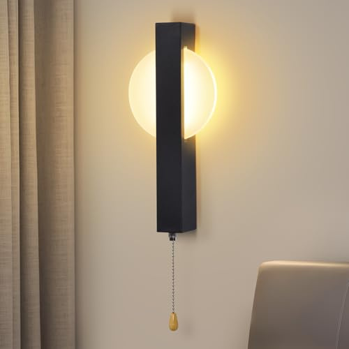 ZMH Wandleuchte LED Wandlampe mit Schalter Innen Schwarz 6W Flurlempe | Modern Design Wandlampen Mit Zugschalter Rund 3000K Warmweiß Wandbeleuchtung Eisen & Acryl Wohnzimmerlampe für Flur