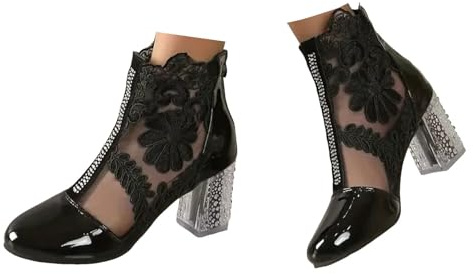 Xbemkste Botines para mujer de caña corta elegantes de encaje con flores de tacón alto de malla con diamantes de imitación para fiesta de noche, zapatos de boda, botas de tobillo elegantes, Negro