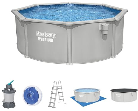 Bestway Hydrium Stahlwandpool Komplett-Set rund 366 x 122 cm Granitgrau Gartenpool Aufstellpool mit Sandfilteranlage