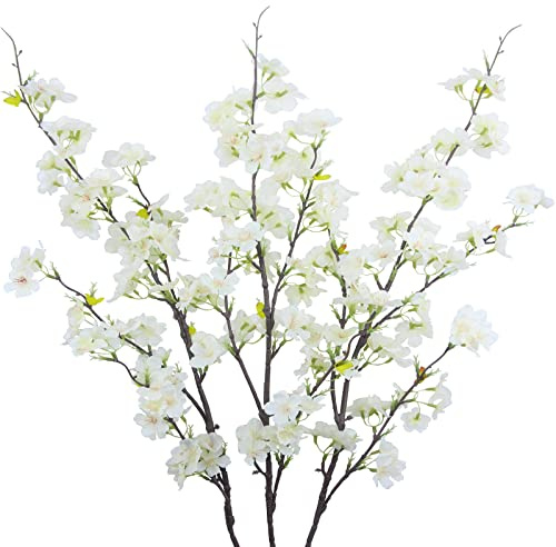 CEWUDA 3 Pezzi Fiori Artificiali di Ciliegio Rami Bianco Fiori Finti Lunghi Steli Seta 110 cm per Composizioni di Vasi Tavoli da Matrimonio Giardino Bouquet da Sposa Partito Decorazione