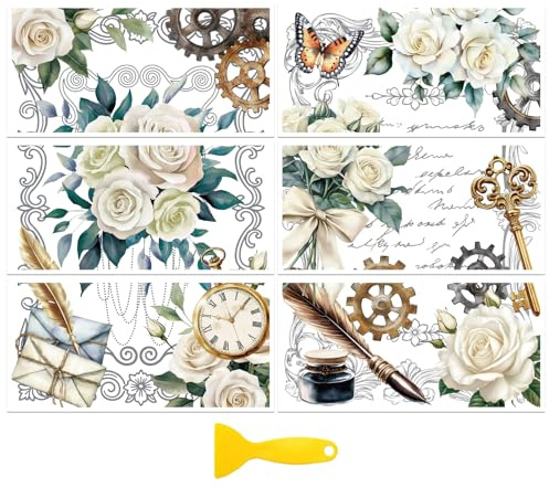 Peacoblue UV DTF Möbel Transferfolie,Vintage-Weiße Blüte Dekorfolie Deko | 3er Set UV DTF Transfersticker 15x30cm, Wasserfeste Dekorfolie für Möbel, Schubladen, Holz, Glas und Keramik