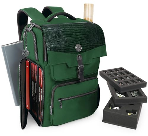 ENHANCE Collector’s Edition DnD Rucksack - RPG DM Tasche für Dungeons & Dragon - DnD Tasche für 6-8 Bücher, 18 Laptop/DM Bildschirmfach, Miniaturen Schaum, Zubehörtaschen, Kartenriemen (Drachen Grün)