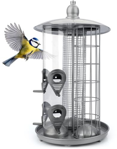 WILDLIFE HOME Deluxe Vogelfutterstation 3-in-1 Metall – Für Meisenknödel, Nüsse & Körnerfutter – Wetterfeste Futtersäule mit Auffangschale & Sitzstangen – Für Garten & Balkon