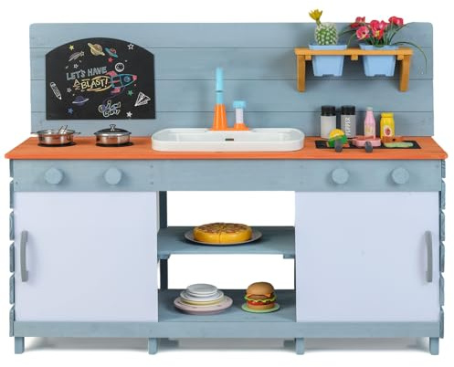 COSTWAY Mud Kitchen, Wooden Kids Play Kitchen with Stoves, Sink, Faucet, Grill Rack, Chalkboard, Flowerpots, Shelves & Cabinets, Outdoor Pretend Toy Kitchen Playset for Boys Girls Ages 3-8