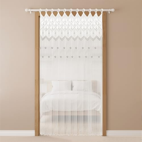 FENGLY Boho Vorhang 120x195cm, Wandbehang Türvorhang Fenstervorhang, Türvorhänge Tapisserie Garn Baumwolle Tür Fenster Wanddekoration für Wohnzimmer, Hochzeit, Schlafzimmer, Badezimmerbögen (Weiß)