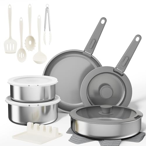 Sanho 21-Piece Pots and Pans Set, Ceramic Nonstick Cookware with Detachable Handles, 4-Layer Stainless Steel & Aluminum Core, Induction Hob Pan Set, Oven Safe, PFAS PFOA Free (Grey)