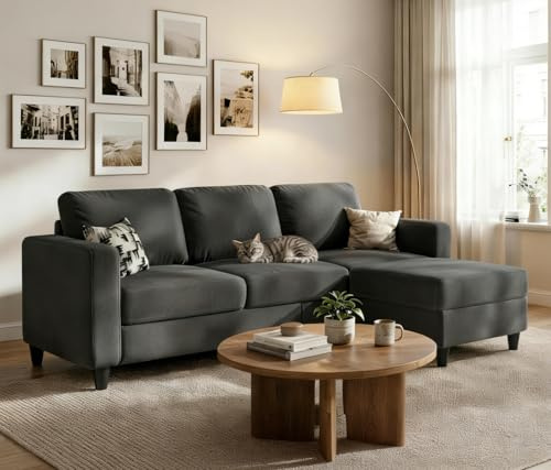 Lonkwa 73 Sectional Sofa Couch for Living Room, Dark Grey Convertible L Shaped Sofa with Reversible Ottoman, 8 Extra Thick High-Density Cushions, Modern Linen Fabric 3 Seater Sofa for Small Space