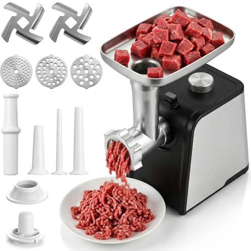 3 in 1 Electric Meat Grinder with Sausage Stuffer, Stainless Steel Meat Grinder with 3 Sausage Filling Tubes, 2 Meatball Molds, 3 Interchangeable Grinding Plates for Cutting, Grinding, and Filling